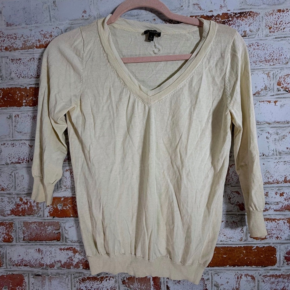 Talbots Sweater Womens S Cream Silk Cotton Knit V-Neck Top Classic Professional